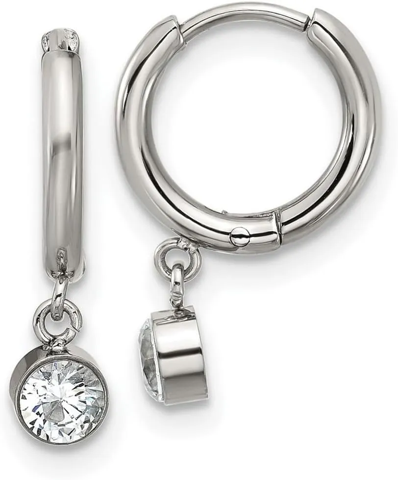 Stainless Steel Polished White Zircon Dangle Hoop Earrings 17x3.8mm Wide 1.6mm Thick-Hoop Earring for Women