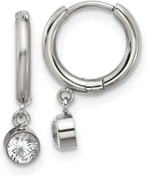 Stainless Steel Polished White Zircon Dangle Hoop Earrings 17x3.8mm Wide 1.6mm Thick-Hoop Earring for Women