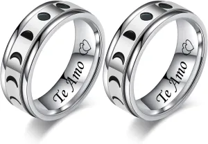 Te Amo Spanish I Love You Couple Rings for Boyfriend Girlfriend Vintage Moon Phase Stainless Steel Spinner Rings Wedding Band Promise Engagement Ring for Him and Her,Silver