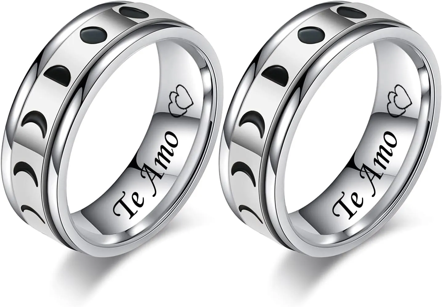 Te Amo Spanish I Love You Couple Rings for Boyfriend Girlfriend Vintage Moon Phase Stainless Steel Spinner Rings Wedding Band Promise Engagement Ring for Him and Her,Silver