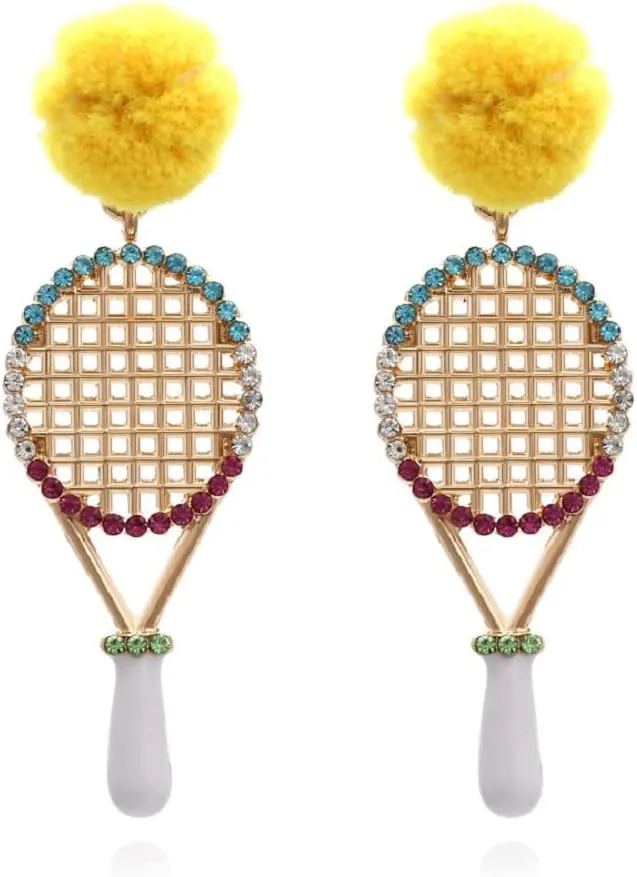 Tennis Racket Earrings for Women, Tennis Racquet Earrings for Womens, 3D Tennis Dangle Earrings Hypoallergenic, Cubic Zirconia Tennis Sports Drop Earrings, Tennis Jewelry -s Funny Earrings