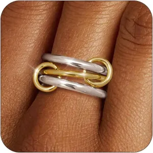 TLY Stackable Rings for Women Non Tarnish 18K Gold Plated Interlocking Ring Stack Set Gold Silver Mixed Metal Statement Rings Dainty Cubic Zirconia CZ Fashion Connected Band Thumb Ring Size 4-11 Jewelry Gift for Women