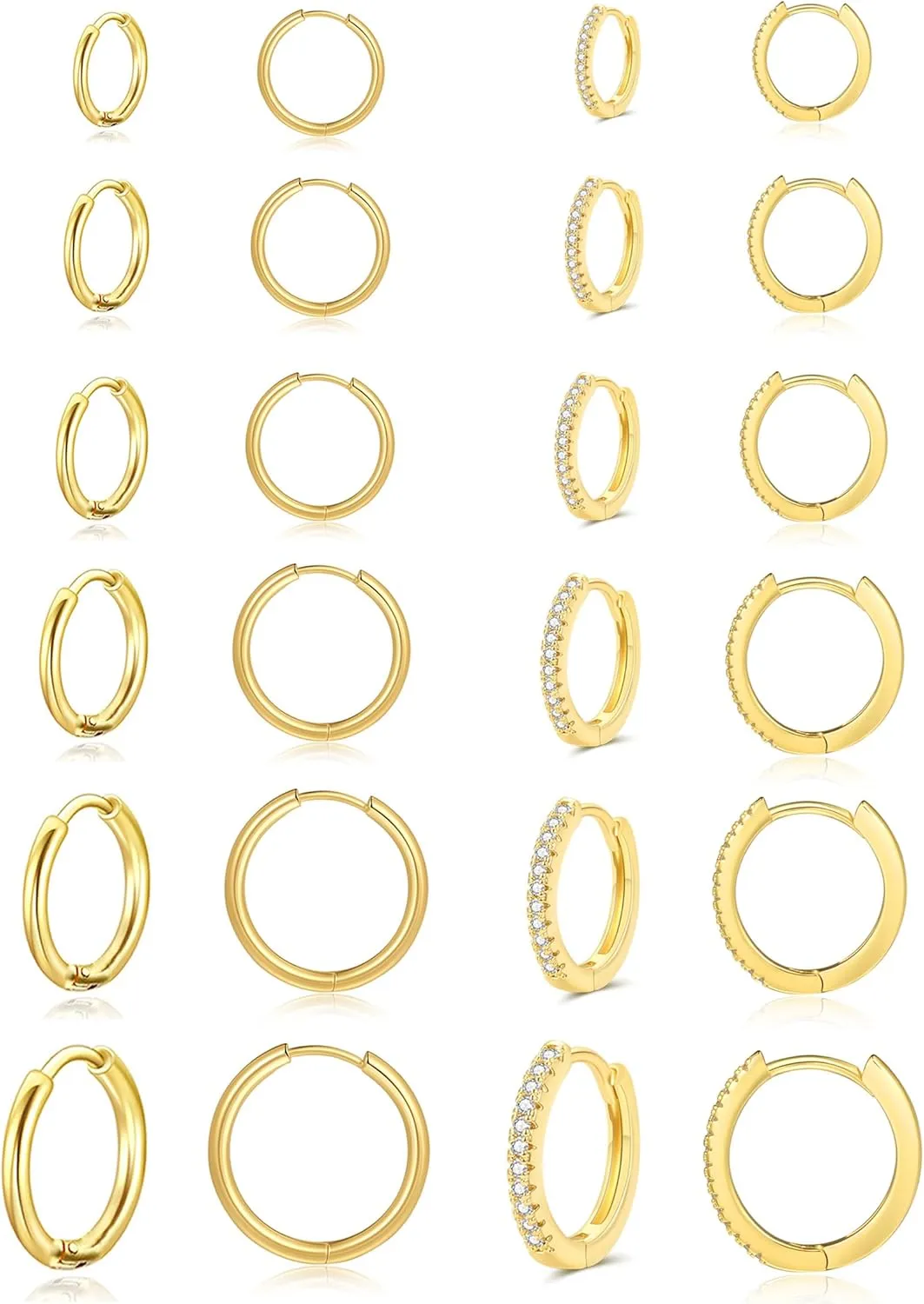 Tornito 12 Pairs Surgical Stainless Steel Huggie Hoop Earrings Gold Silver Small Hoops Cubic Zirconia Earrings 6mm 8mm 10mm 12mm 14mm 16mm Cartilage Helix Tragus Lobes Hinged Piercings for Women Men