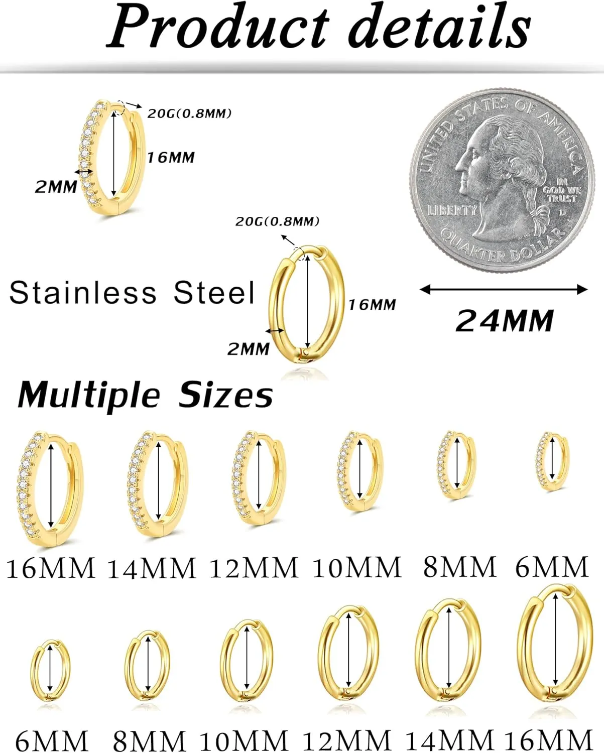 Tornito 12 Pairs Surgical Stainless Steel Huggie Hoop Earrings Gold Silver Small Hoops Cubic Zirconia Earrings 6mm 8mm 10mm 12mm 14mm 16mm Cartilage Helix Tragus Lobes Hinged Piercings for Women Men