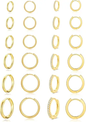 Tornito 12 Pairs Surgical Stainless Steel Huggie Hoop Earrings Gold Silver Small Hoops Cubic Zirconia Earrings 6mm 8mm 10mm 12mm 14mm 16mm Cartilage Helix Tragus Lobes Hinged Piercings for Women Men