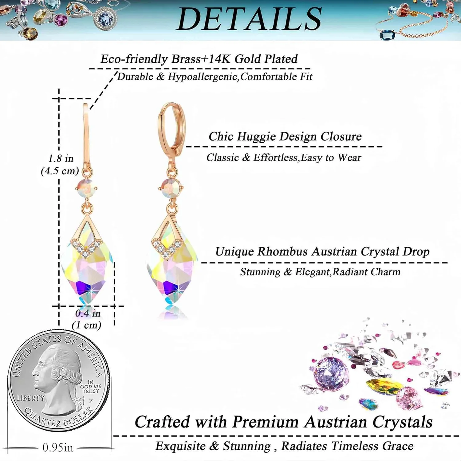 Trendy Austrian Crystal Rhombus Drop Huggie Dangle Earrings for Women 14k Rose Gold Plated Hypoallergenic Jewelry Gifts