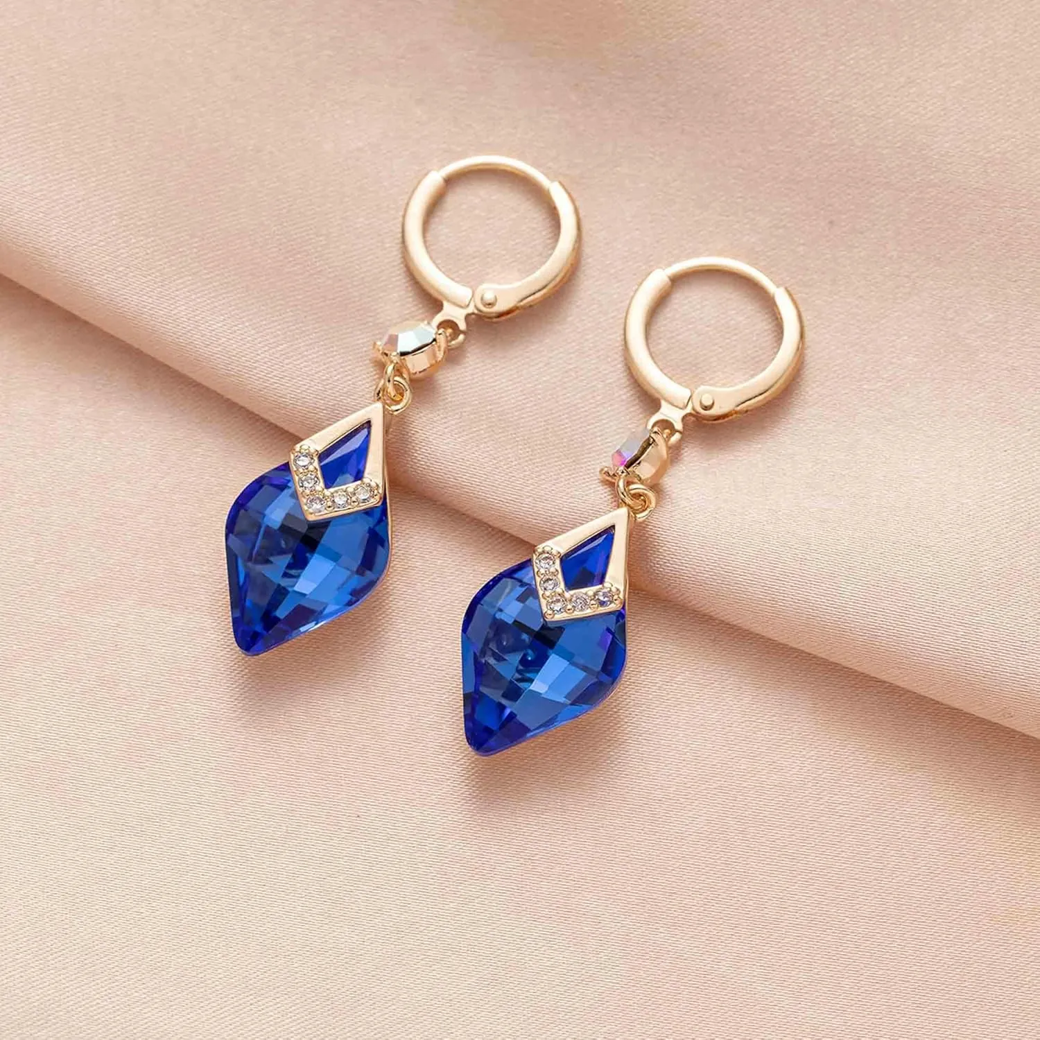 Trendy Austrian Crystal Rhombus Drop Huggie Dangle Earrings for Women 14k Rose Gold Plated Hypoallergenic Jewelry Gifts