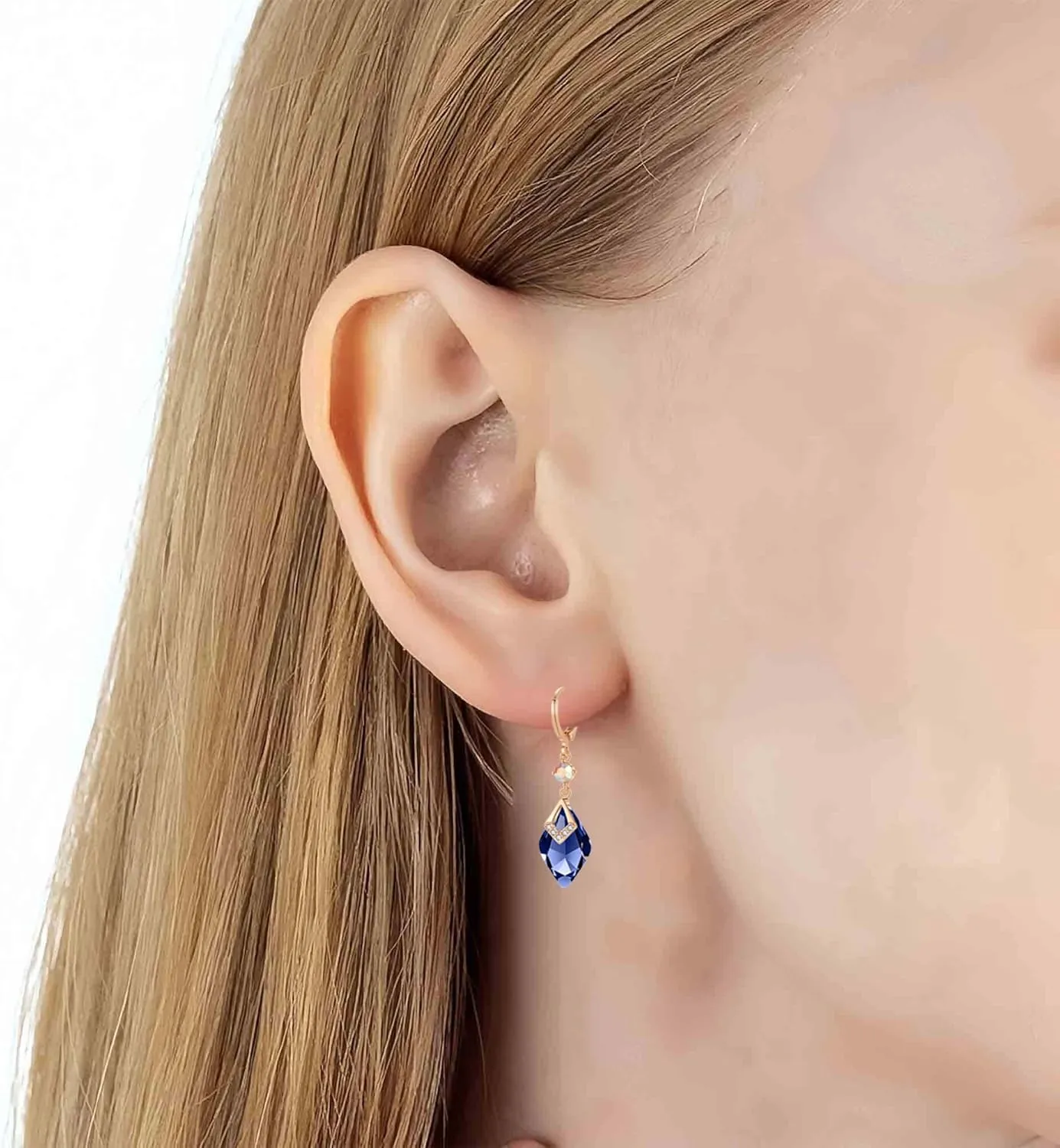 Trendy Austrian Crystal Rhombus Drop Huggie Dangle Earrings for Women 14k Rose Gold Plated Hypoallergenic Jewelry Gifts