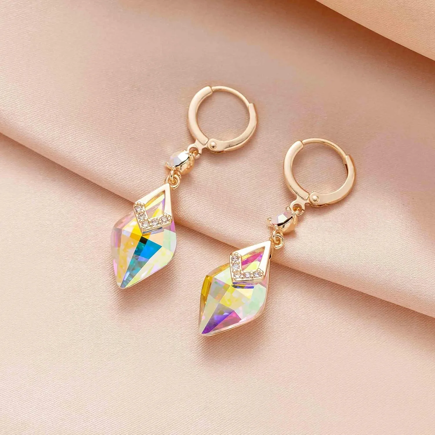 Trendy Austrian Crystal Rhombus Drop Huggie Dangle Earrings for Women 14k Rose Gold Plated Hypoallergenic Jewelry Gifts