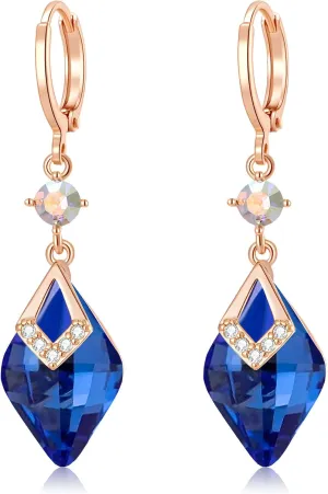 Trendy Austrian Crystal Rhombus Drop Huggie Dangle Earrings for Women 14k Rose Gold Plated Hypoallergenic Jewelry Gifts