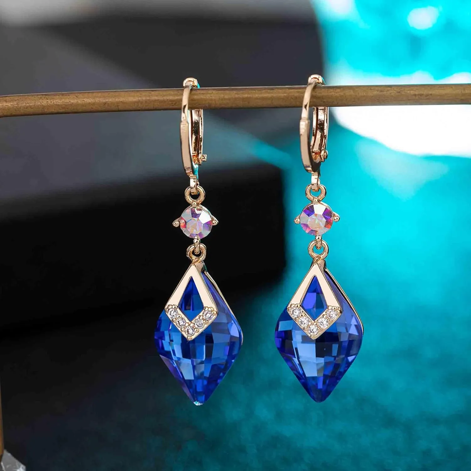 Trendy Austrian Crystal Rhombus Drop Huggie Dangle Earrings for Women 14k Rose Gold Plated Hypoallergenic Jewelry Gifts