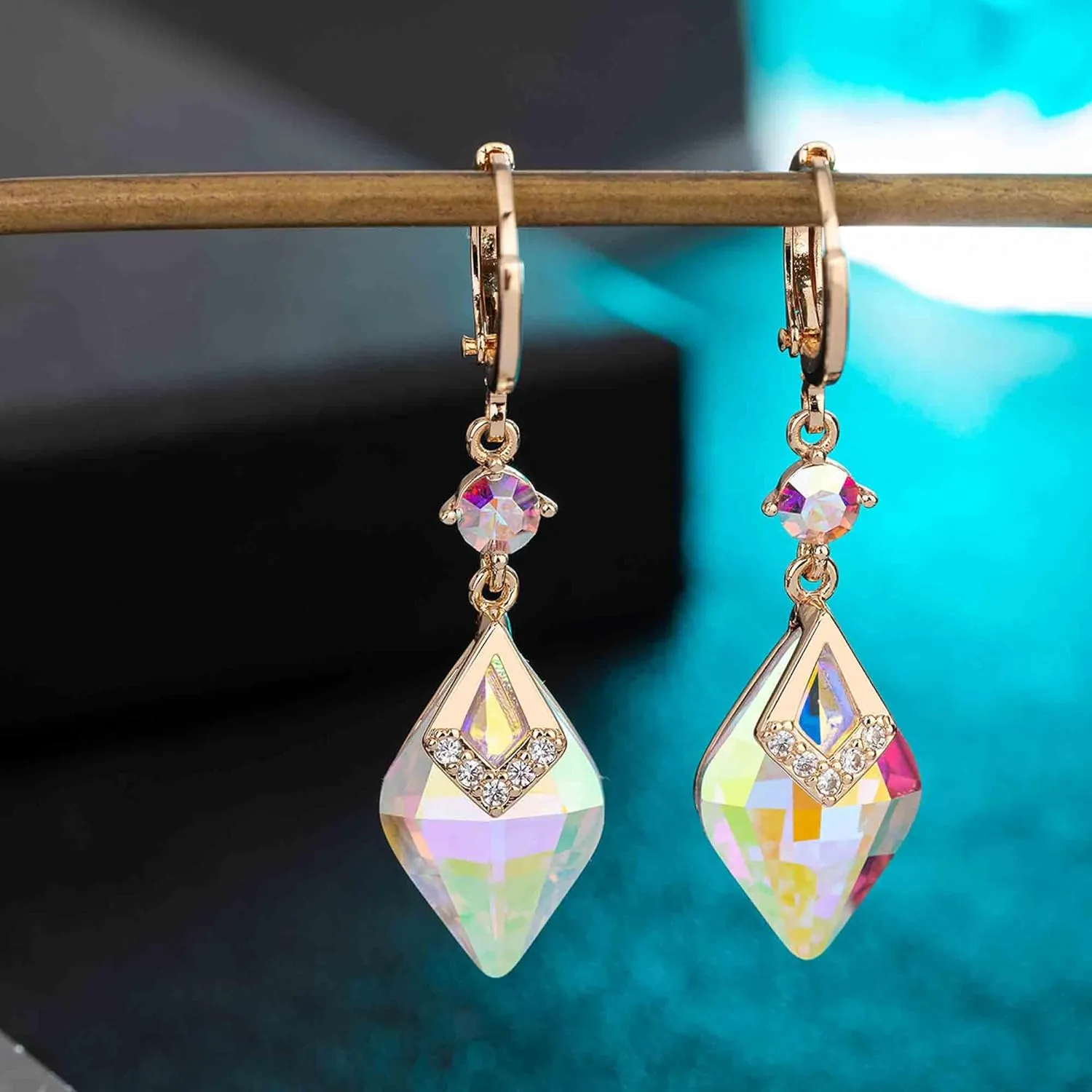 Trendy Austrian Crystal Rhombus Drop Huggie Dangle Earrings for Women 14k Rose Gold Plated Hypoallergenic Jewelry Gifts