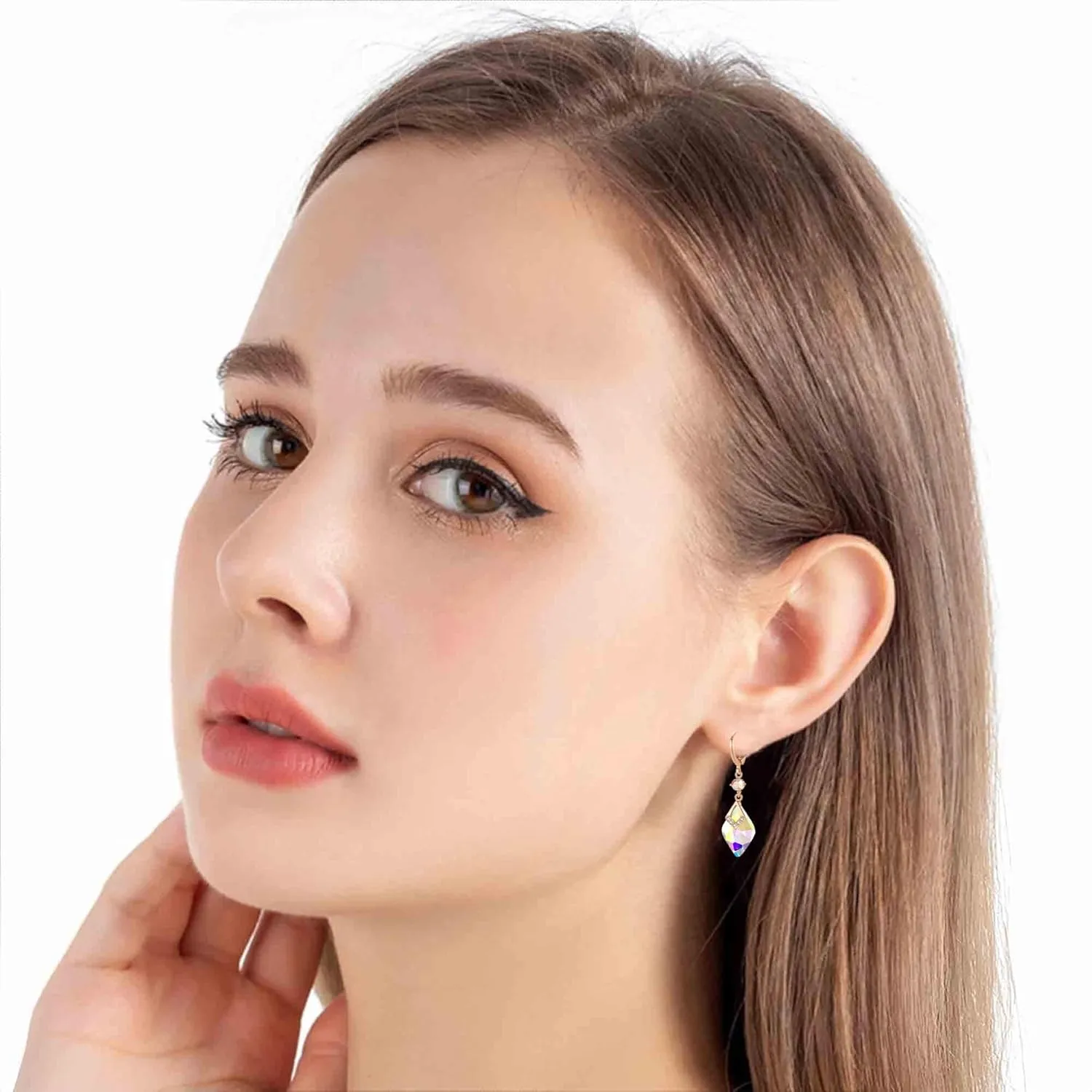 Trendy Austrian Crystal Rhombus Drop Huggie Dangle Earrings for Women 14k Rose Gold Plated Hypoallergenic Jewelry Gifts
