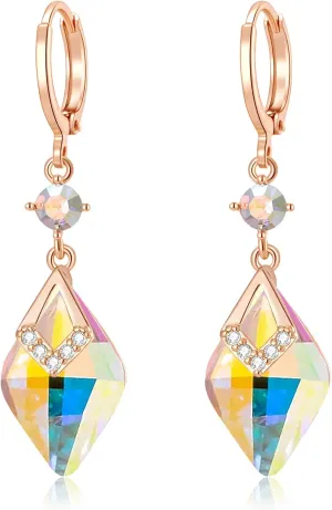 Trendy Austrian Crystal Rhombus Drop Huggie Dangle Earrings for Women 14k Rose Gold Plated Hypoallergenic Jewelry Gifts