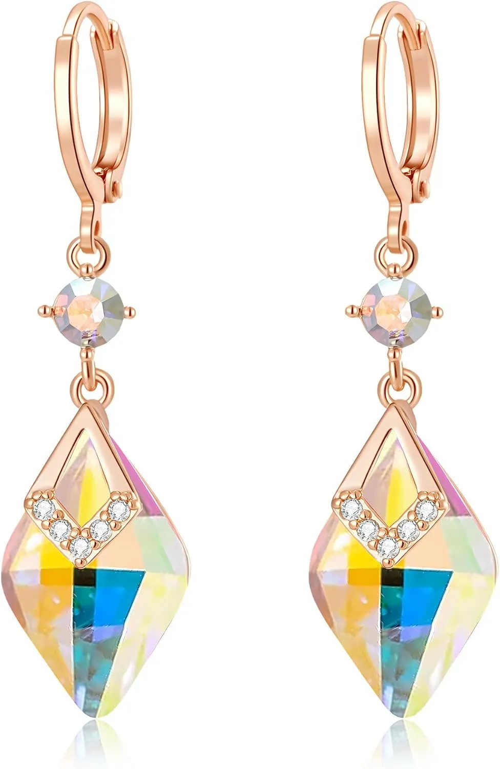 Trendy Austrian Crystal Rhombus Drop Huggie Dangle Earrings for Women 14k Rose Gold Plated Hypoallergenic Jewelry Gifts