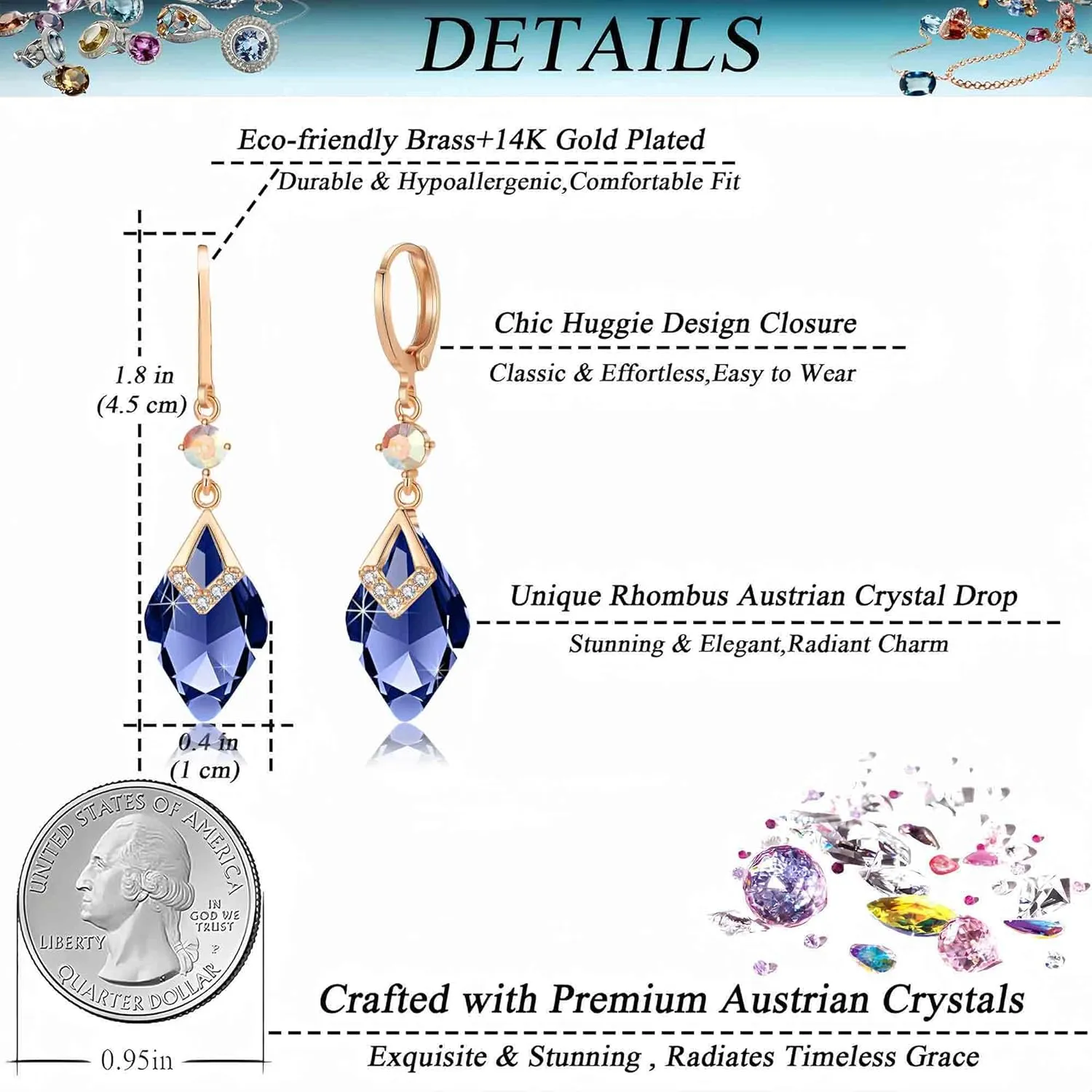 Trendy Austrian Crystal Rhombus Drop Huggie Dangle Earrings for Women 14k Rose Gold Plated Hypoallergenic Jewelry Gifts