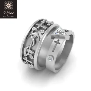 Triangle Diamond Religious Holy Cross and Nautical Anchor Matching Wedding Band Ring Set For Couples