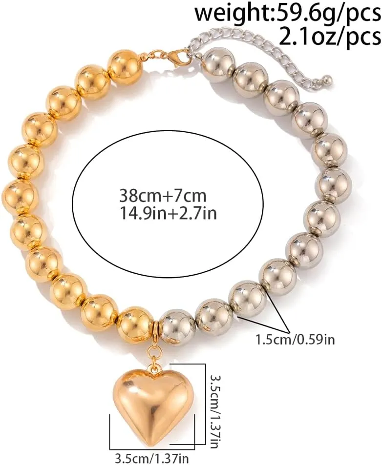 Two Tone Puffy Heart Necklaces Vintage Chunky Love Pendant Necklaces Dainty Round Pearl Beaded Choker Statement Jewelry Gifts for Women