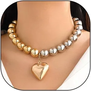Two Tone Puffy Heart Necklaces Vintage Chunky Love Pendant Necklaces Dainty Round Pearl Beaded Choker Statement Jewelry Gifts for Women