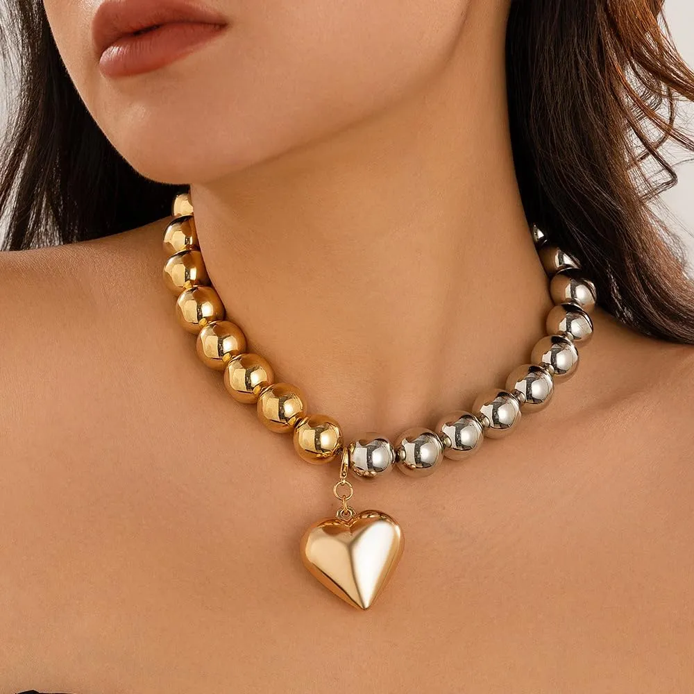 Two Tone Puffy Heart Necklaces Vintage Chunky Love Pendant Necklaces Dainty Round Pearl Beaded Choker Statement Jewelry Gifts for Women
