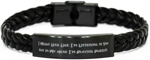Unique Puzzles Gifts, I Might Look Like I'm Listening to, Fancy Birthday Braided Leather Bracelet Gifts For Friends From Friends, Leather bracelets for men, Leather bracelets for women, Handmade