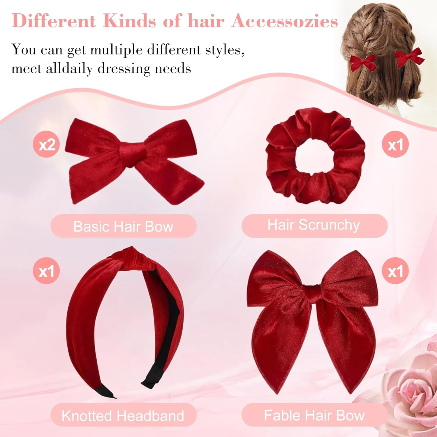 Velvet Headband & Velvet Hair Bow & Bow Headbands for Women Set Holiday Velvet Scrunchies Alligator Clips for Toddler Girls Hair Accessories Hair Bow for Women Girls (Red)