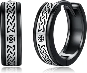 Viking Rune Earrings 925 Sterling Silver Cross/Square/Yin Yang Ring Viking Rune Earrings Hypoallergenic Black Vintage Hoop Earrings Nordic Viking Rune Jewelry for Men Women