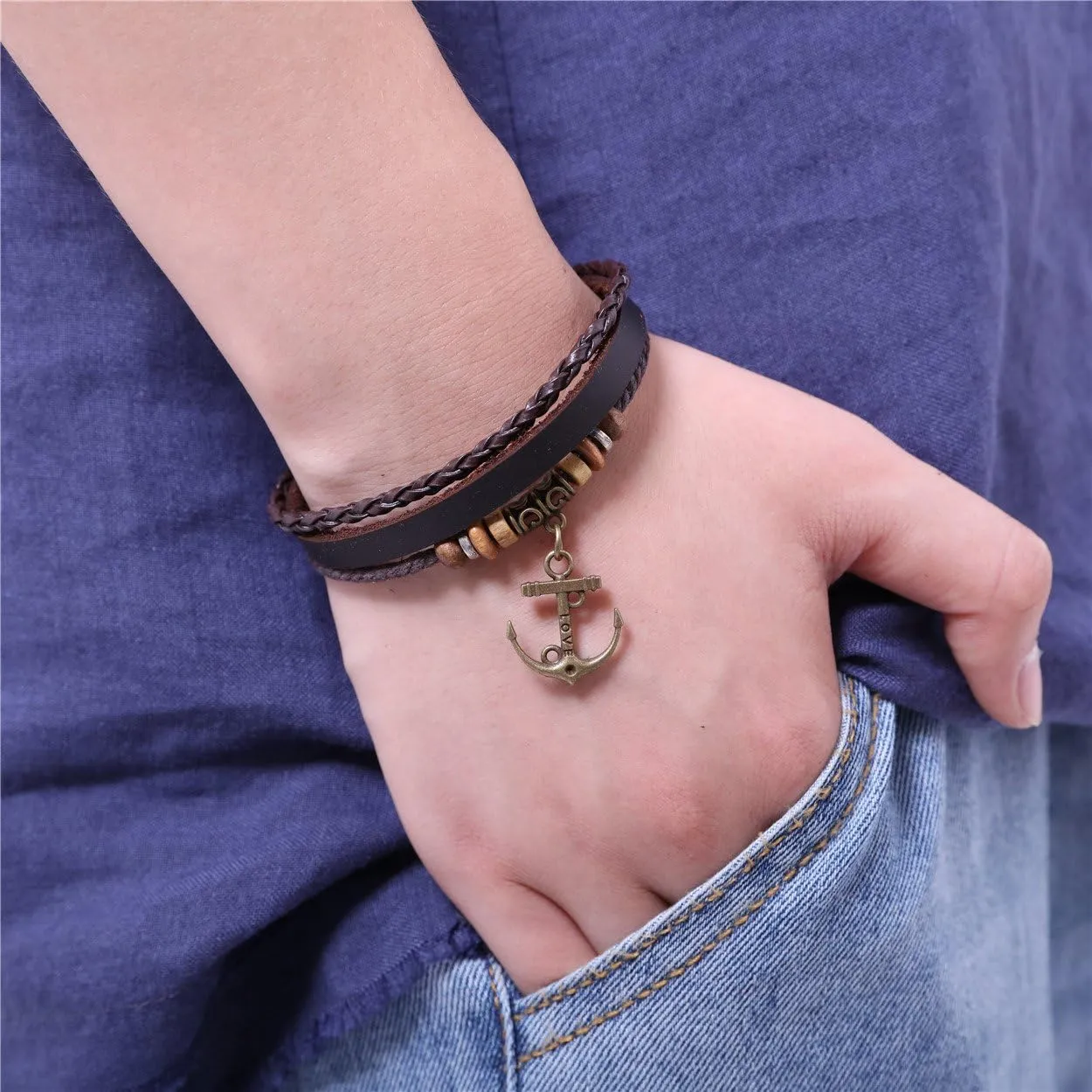 Vintage Achor Charm Men's Women's Handmade Handmade Braided Soft Genuine Leather Bracelets Jewelry