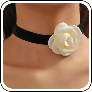 Vintage Black Velvet Flower Choker Necklace White Rose Flower Collar Necklace Satin Camellia Floral Necklaces Short Black Velvet Suede Necklaces Jewelry for Women