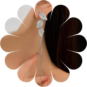 Vintage Crystal Leaf Ear Jacket Earrings Rhinestone Leaf Drop Earrings Long Chain Dangle Earrings Gold Long Chain Tassel Earrings Jewelry for Women (Gold)