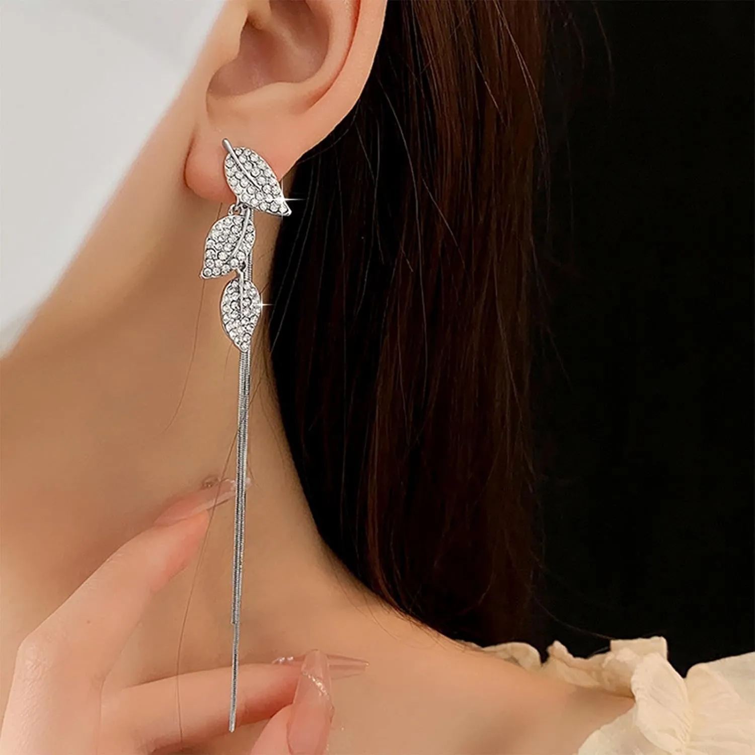 Vintage Crystal Leaf Ear Jacket Earrings Rhinestone Leaf Drop Earrings Long Chain Dangle Earrings Gold Long Chain Tassel Earrings Jewelry for Women (Gold)
