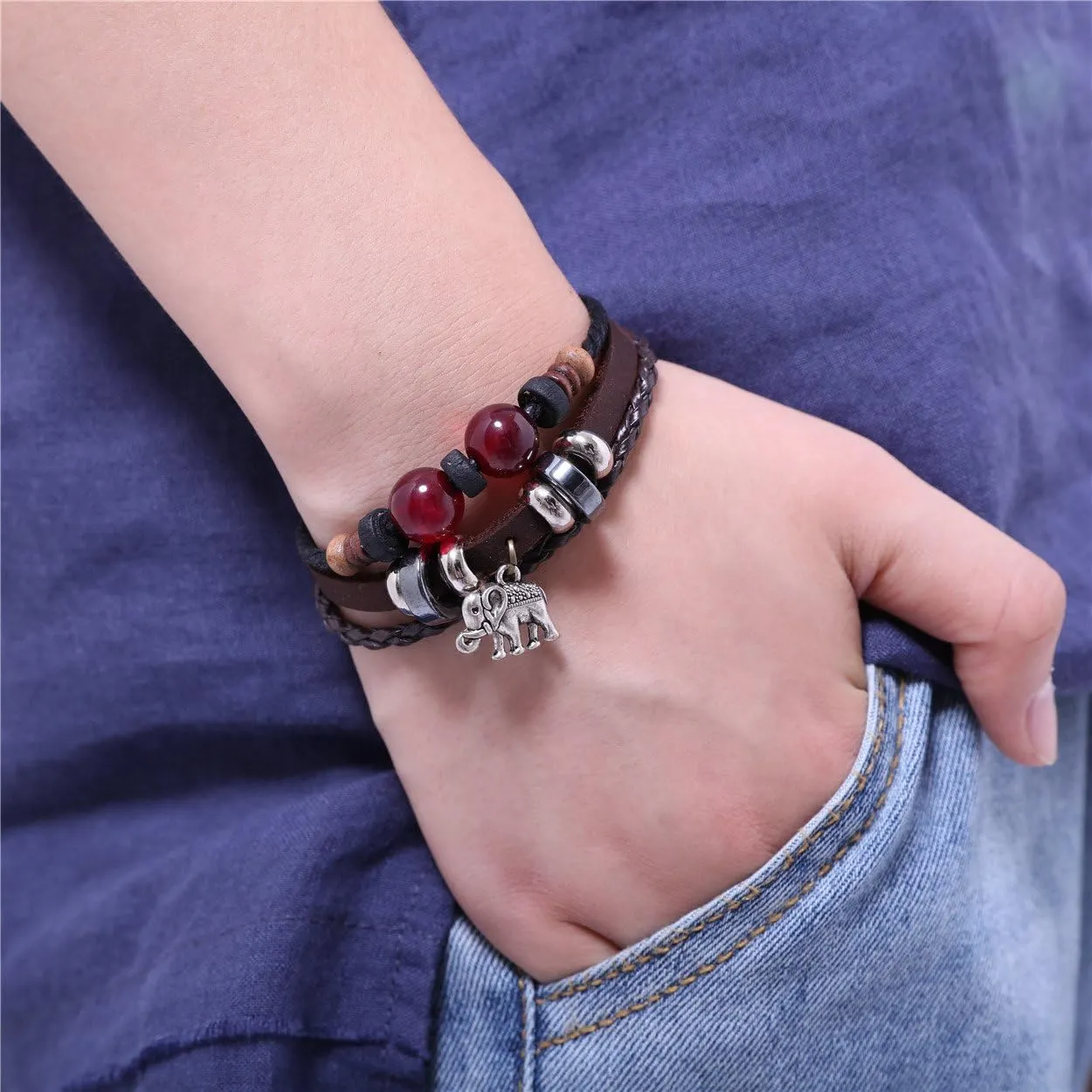 Vintage Genuine Leather Handmade Braided Elephant Charm Leather Bracelets for Men Women Jewelry