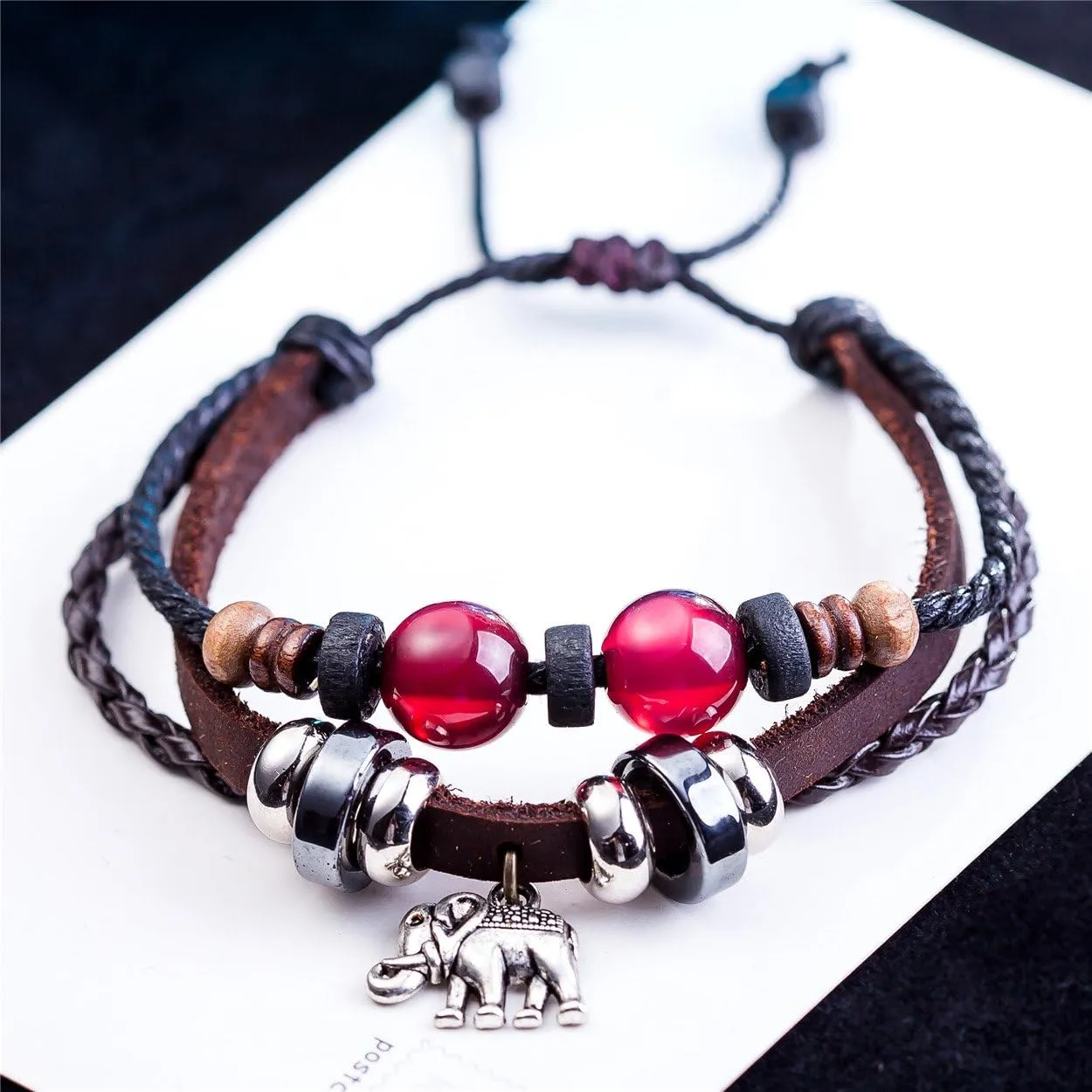 Vintage Genuine Leather Handmade Braided Elephant Charm Leather Bracelets for Men Women Jewelry