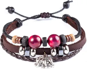 Vintage Genuine Leather Handmade Braided Elephant Charm Leather Bracelets for Men Women Jewelry