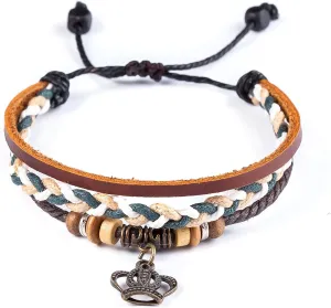 Vintage Genuine Leather Handmade Crown Charm Handmade Braided Leather Bracelets for Men Women Jewelry
