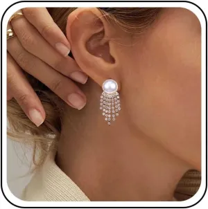 Vintage Pearl Cz Chandelier Earrings Gold Chandelier Dangle Earrings Cz Tassel Earrings Stunning Rhinestone Wedding Drop Earrings Jewelry for Women