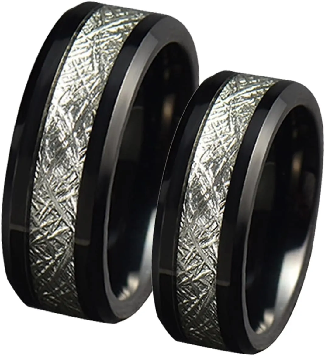 Vintage Rings for Men, Stainless Steel Engagement Rings 8mm Black Ring Inlay Silver Metal Engagement Couple Rings