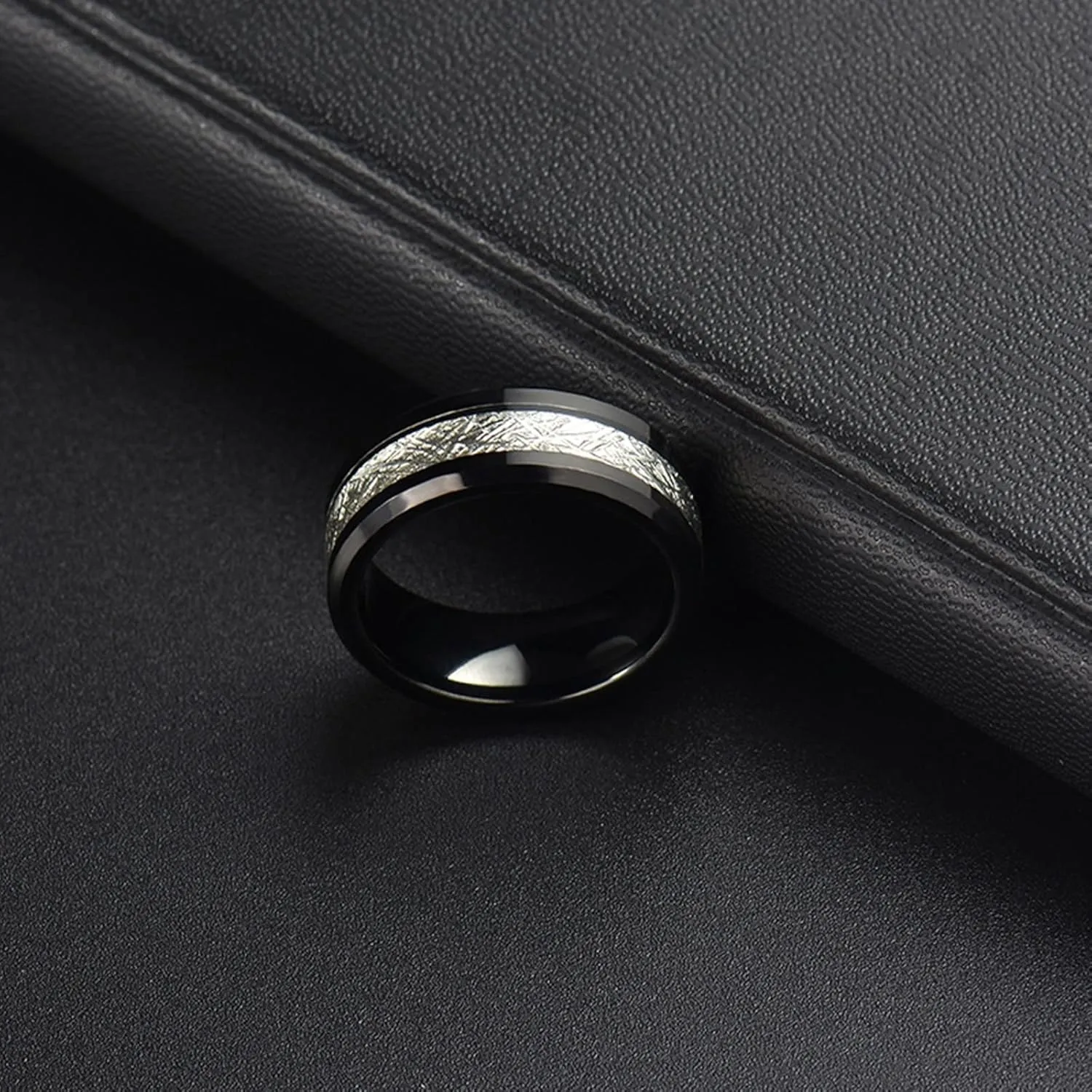 Vintage Rings for Men, Stainless Steel Engagement Rings 8mm Black Ring Inlay Silver Metal Engagement Couple Rings