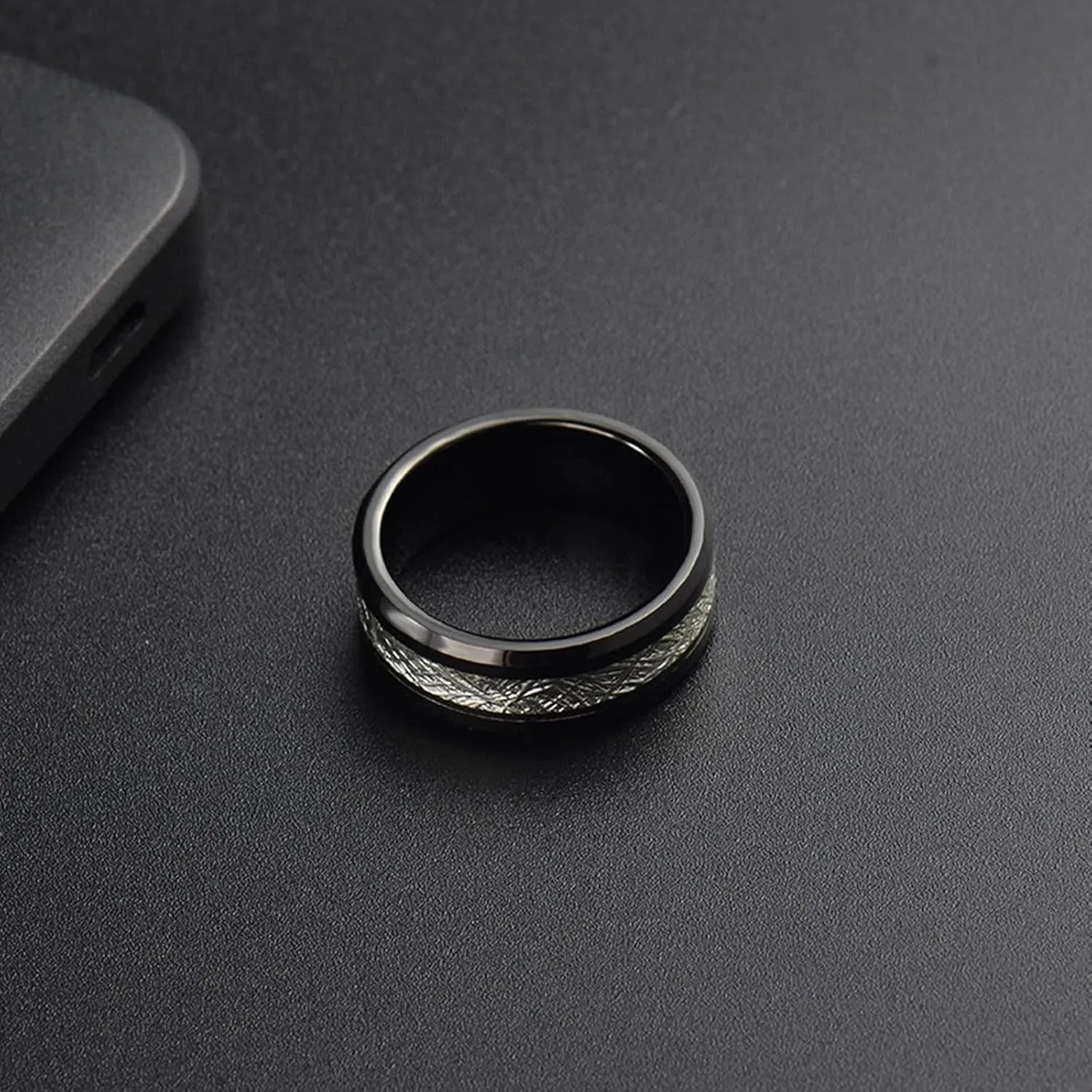 Vintage Rings for Men, Stainless Steel Engagement Rings 8mm Black Ring Inlay Silver Metal Engagement Couple Rings