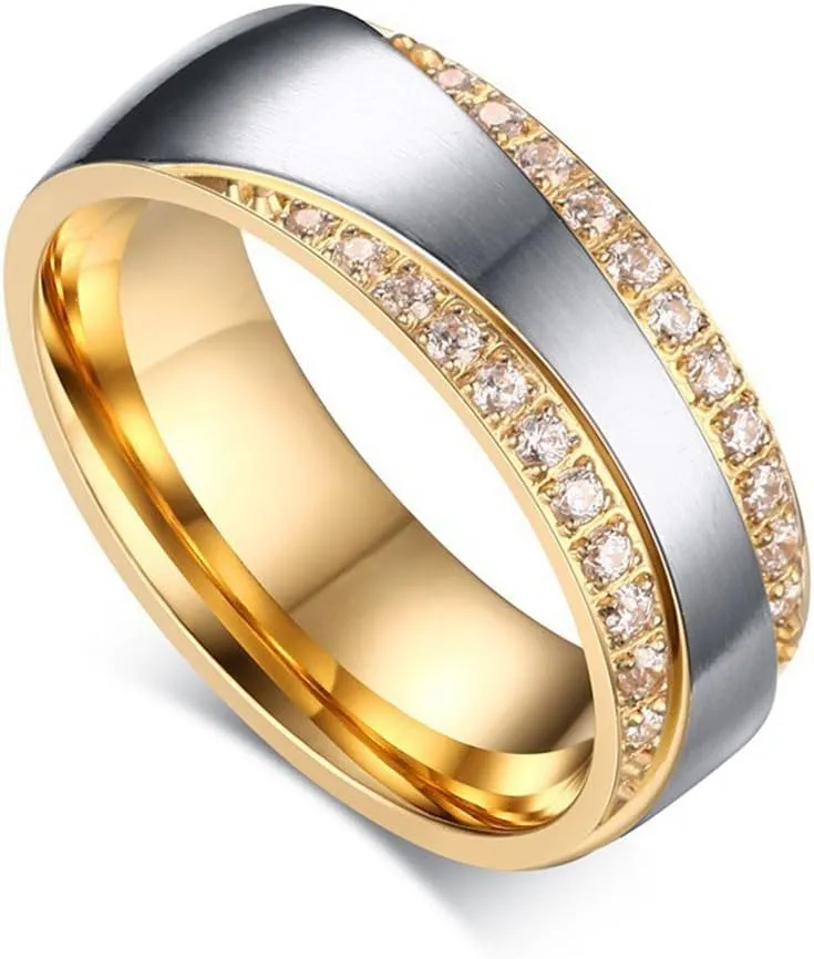 Wang Rong ROWAGY 7MM Cubic Zirconia Stainless Steel Womens CZ Couple Rings for Him and Her Mens Wedding Promise Engagement Bands