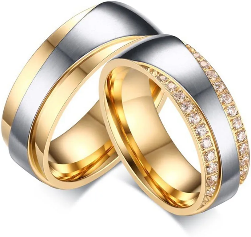 Wang Rong ROWAGY 7MM Cubic Zirconia Stainless Steel Womens CZ Couple Rings for Him and Her Mens Wedding Promise Engagement Bands