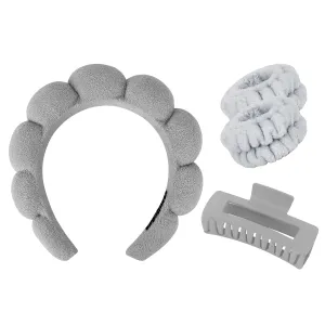 Wecoe Spa Set - Skincare Headband & Wrist Towels for Face Washing, Thick Hair, Cute Grey Puffy Sponge Bubble Headband Scrunchies for Women & Girls