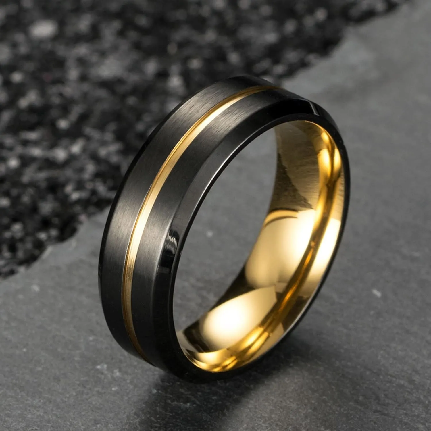 Wedding Bands for Women, Men Rings Stainless Steel Wedding Band Gold and Black Brushed Ring 8mm Men's and Women's Fashion Rings