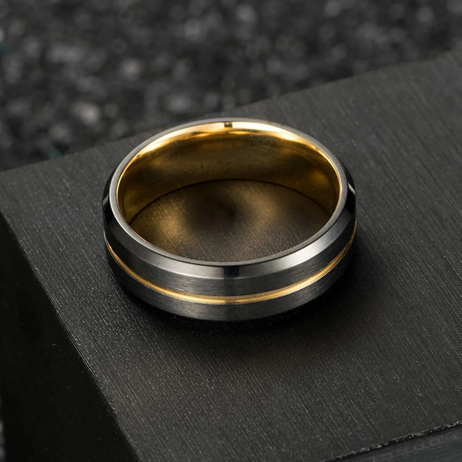 Wedding Bands for Women, Men Rings Stainless Steel Wedding Band Gold and Black Brushed Ring 8mm Men's and Women's Fashion Rings