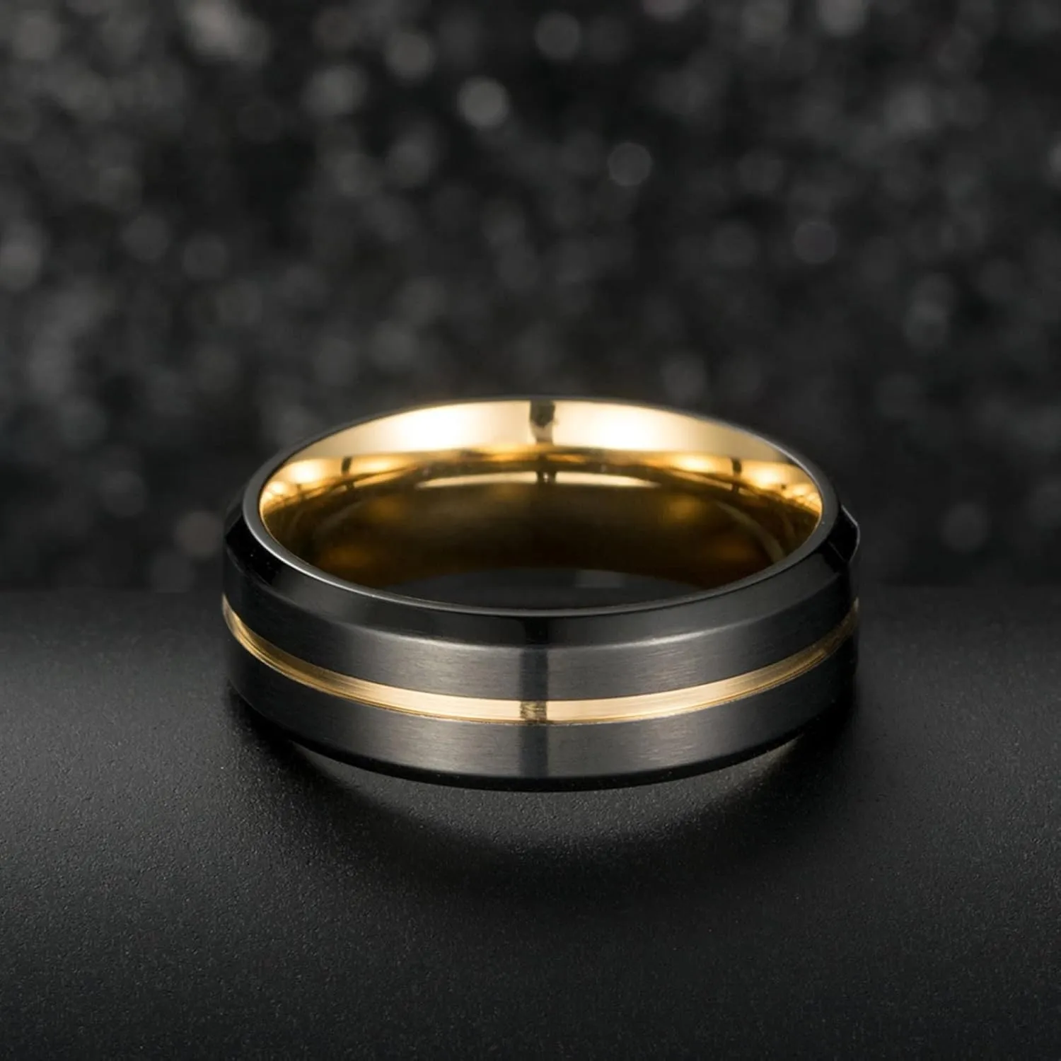 Wedding Bands for Women, Men Rings Stainless Steel Wedding Band Gold and Black Brushed Ring 8mm Men's and Women's Fashion Rings