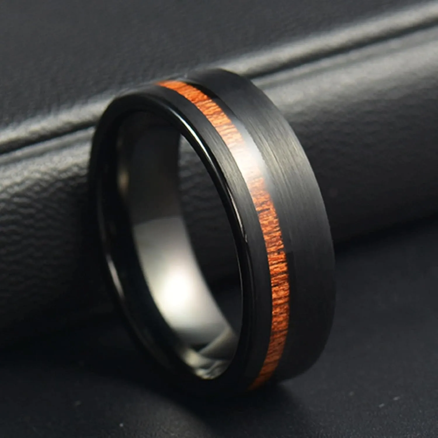 Wedding Rings Men, Rings Stainless Steel 8mm Black Ring Inlay Wood Men's and Women's Fashion Rings