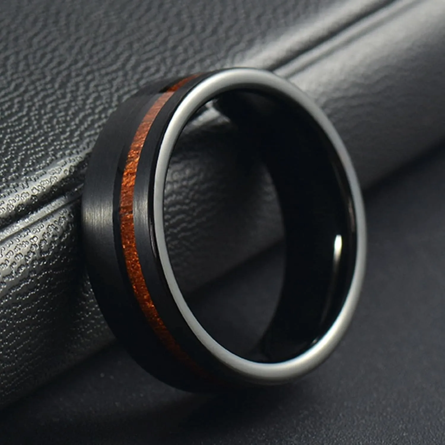 Wedding Rings Men, Rings Stainless Steel 8mm Black Ring Inlay Wood Men's and Women's Fashion Rings