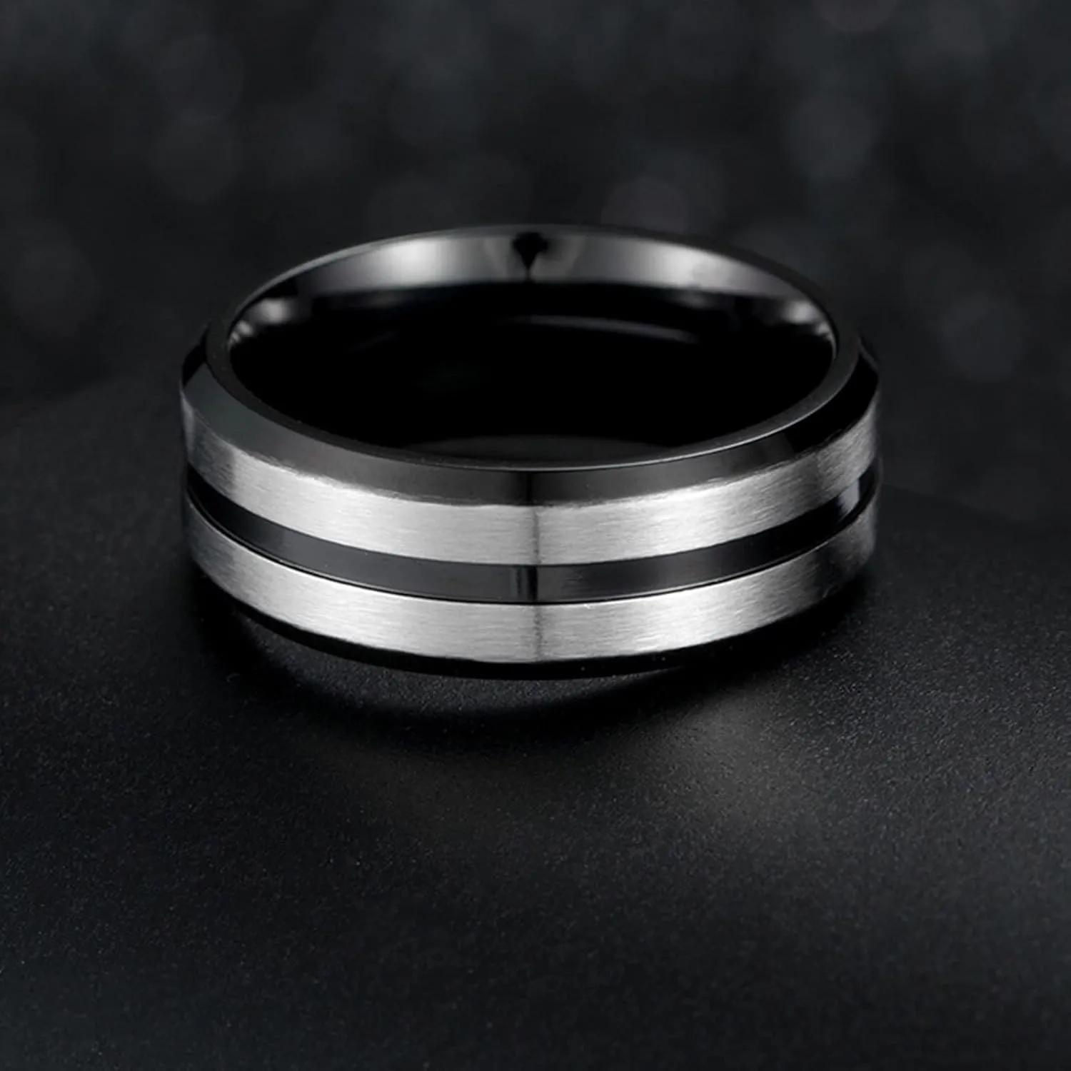 Wedding Rings Women, Mens Stainless Steel Rings Silver Black Brushed Ring 8mm Valentine's Day Couple Rings