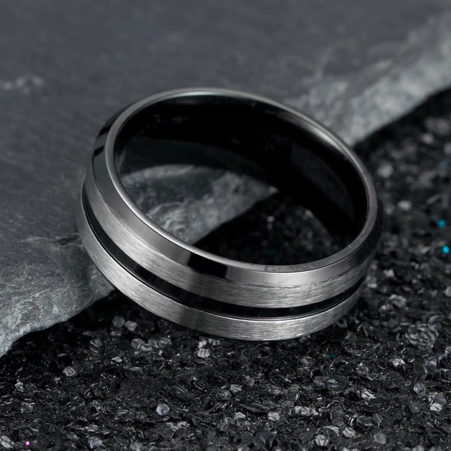 Wedding Rings Women, Mens Stainless Steel Rings Silver Black Brushed Ring 8mm Valentine's Day Couple Rings