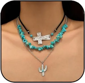 Western Choker Necklaces for Women Vintage Layered Turquoise Beaded Western Jewelry Boho Ox-head Cactus Cross Chain Choker Native Tribal Cowgirl Dresses Accessories